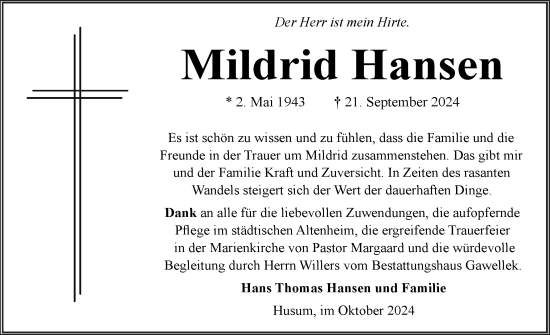 Traueranzeige von Mildrid Hansen von Husumer Nachrichten, Nordfriesland Tageblatt