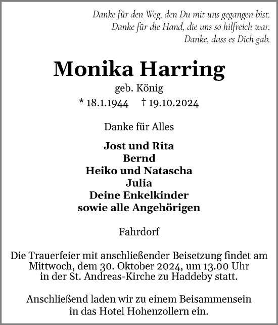 Traueranzeige von Monika Harring von Schleswiger Nachrichten, Schlei-Bote