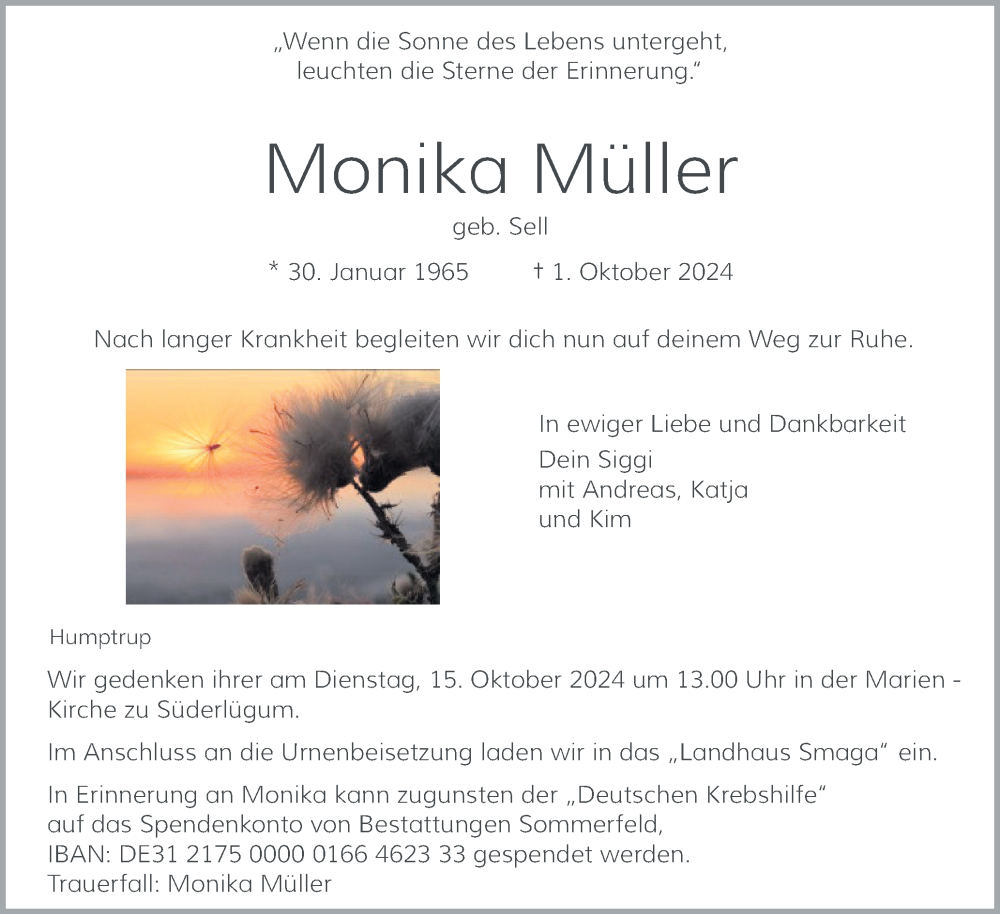  Traueranzeige für Monika Müller vom 09.10.2024 aus Husumer Nachrichten, Nordfriesland Tageblatt