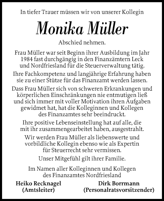 Traueranzeige von Monika Müller von Husumer Nachrichten, Nordfriesland Tageblatt