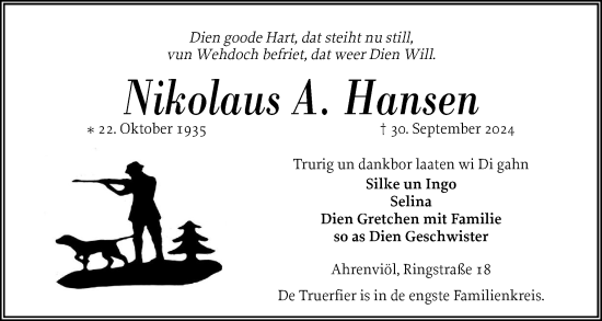 Traueranzeige von Nikolaus A. Hansen von Husumer Nachrichten, Nordfriesland Tageblatt