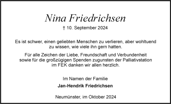 Traueranzeige von Nina Friedrichsen von Holsteinischer Courier