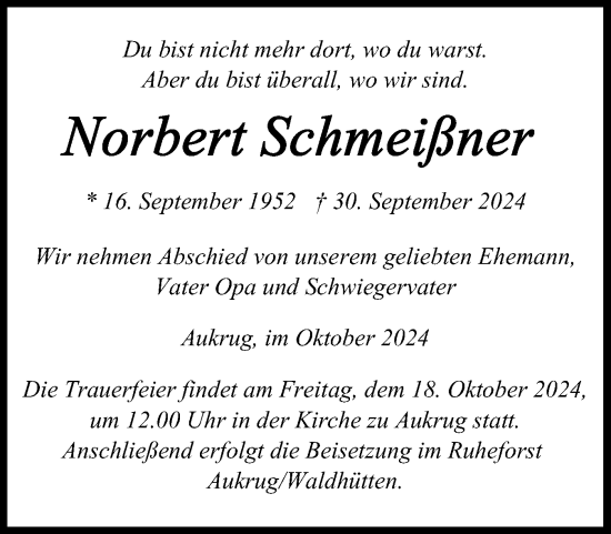 Traueranzeige von Norbert Schmeißner von Schleswig-Holsteinische Landeszeitung