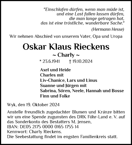 Traueranzeige von Oskar Klaus Rieckens von Der Insel-Bote