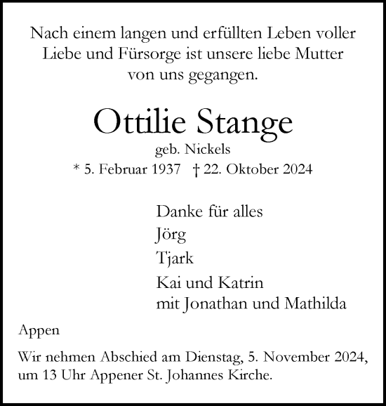 Traueranzeige von Ottilie Stange von Region Pinneberg und tip Pinneberg