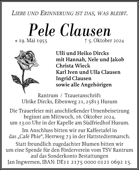 Traueranzeige von Pele Clausen von Husumer Nachrichten, Nordfriesland Tageblatt