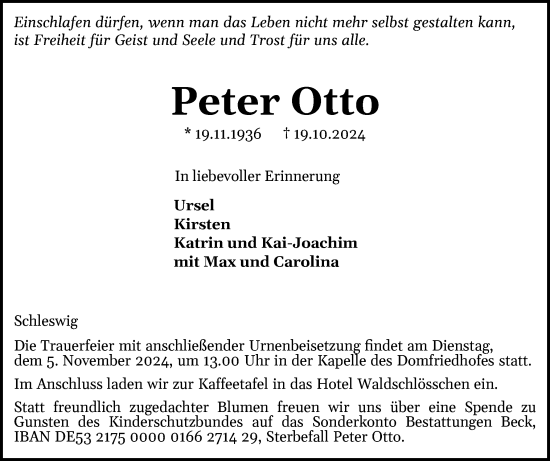 Traueranzeige von Peter Otto von Schleswiger Nachrichten, Schlei-Bote