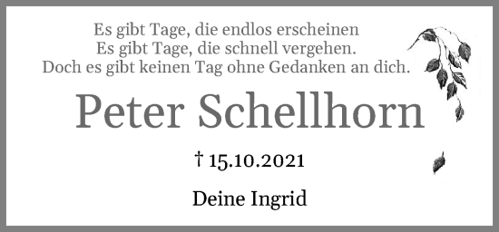 Traueranzeige von Peter Schellhorn von Schleswiger Nachrichten, Schlei-Bote