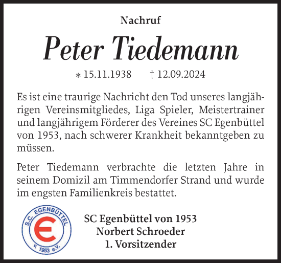 Traueranzeige von Peter Tiedemann von Region Pinneberg und tip Pinneberg