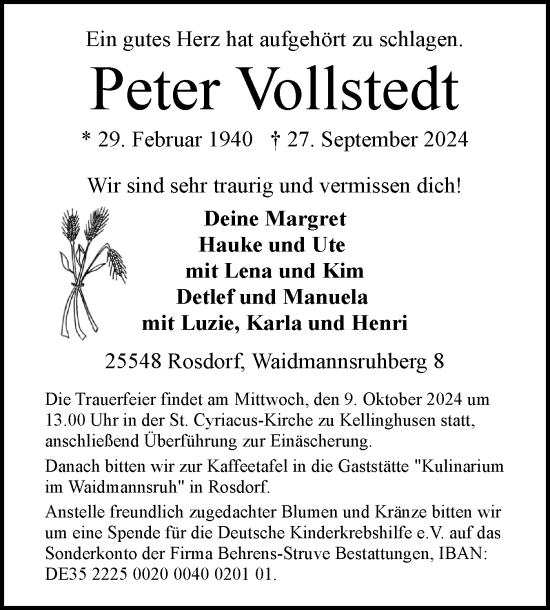 Traueranzeige von Peter Vollstedt von Norddeutsche Rundschau, Wilstersche Zeitung, Glückstädter Fortuna