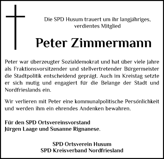 Traueranzeige von Peter Zimmermann von Husumer Nachrichten, Nordfriesland Tageblatt