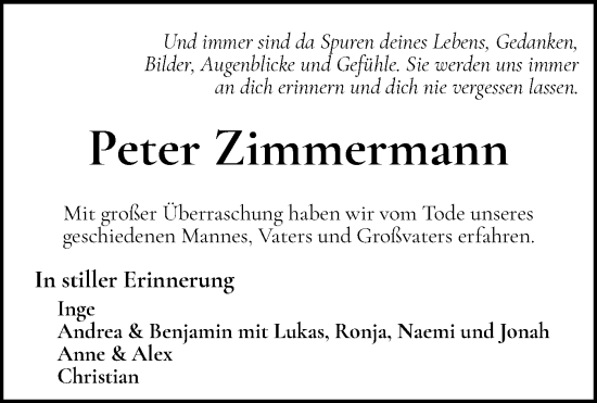 Traueranzeige von Peter Zimmermann von Husumer Nachrichten, Nordfriesland Tageblatt