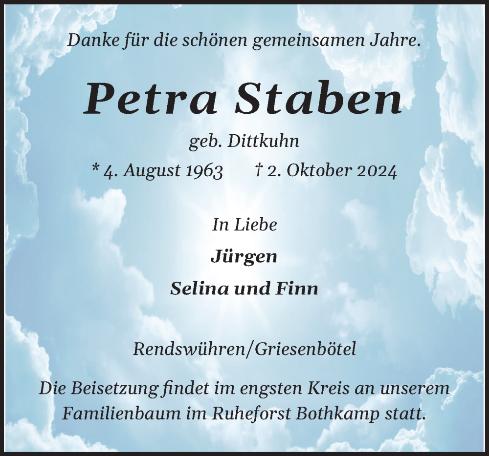  Traueranzeige für Petra Staben vom 09.10.2024 aus Holsteinischer Courier