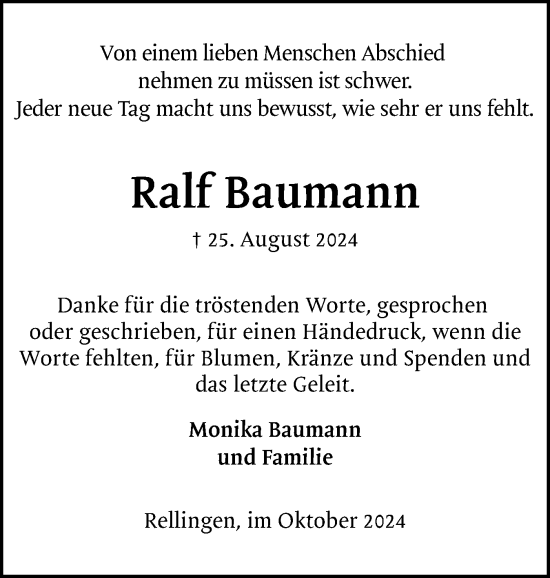 Traueranzeige von Ralf Baumann von Region Pinneberg und tip Pinneberg