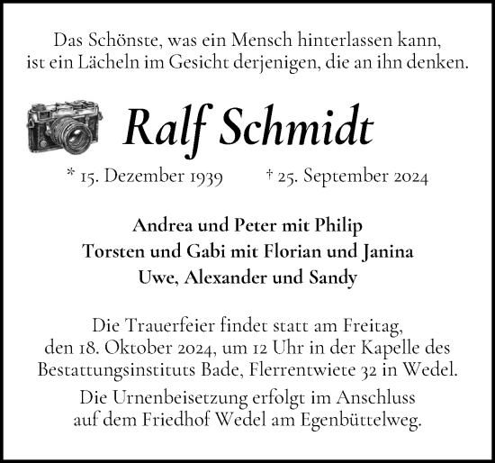 Traueranzeige von Ralf Schmidt von Wedel-Schulauer Tageblatt, tip Wedel-Schulauer Tageblatt, tip Rissener Rundschau