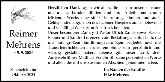 Traueranzeige von Reimer Mehrens von Norddeutsche Rundschau, Wilstersche Zeitung, Glückstädter Fortuna