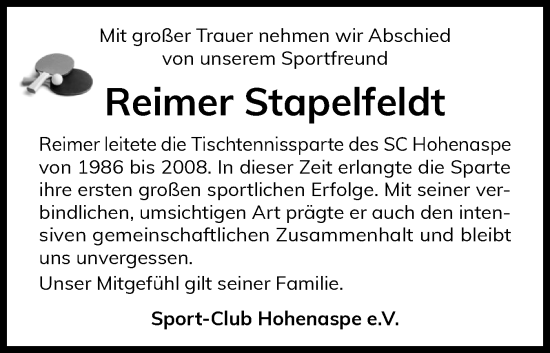 Traueranzeige von Reimer Stapelfeldt von Norddeutsche Rundschau, Wilstersche Zeitung, Glückstädter Fortuna