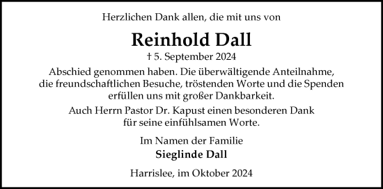 Traueranzeige von Reinhold Dall von Flensburger Tageblatt