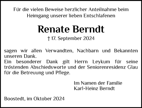 Traueranzeige von Renate Berndt von Holsteinischer Courier