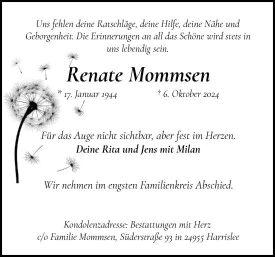 Traueranzeige von Renate Mommsen von Flensburger Tageblatt