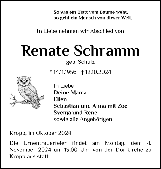 Traueranzeige von Renate Schramm von Schleswiger Nachrichten, Schlei-Bote