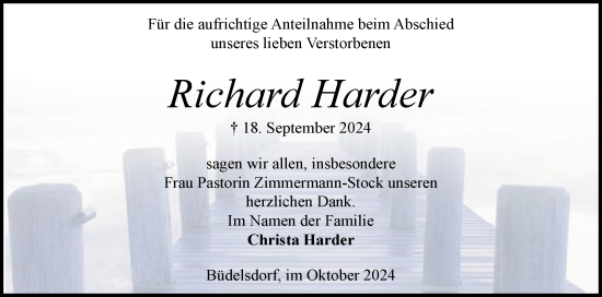 Traueranzeige von Richard Harder von Schleswig-Holsteinische Landeszeitung