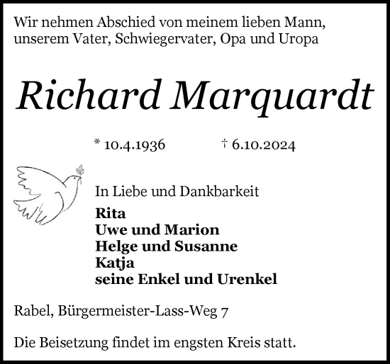 Traueranzeige von Richard Marquardt von Schleswiger Nachrichten, Schlei-Bote