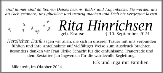 Traueranzeige von Rita Hinrichsen von Husumer Nachrichten, Nordfriesland Tageblatt
