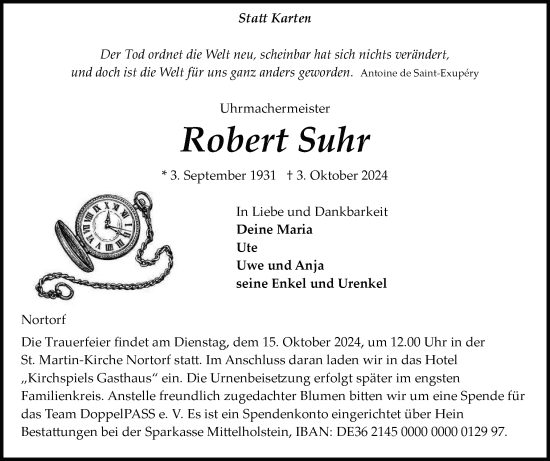 Traueranzeige von Robert Suhr von Schleswig-Holsteinische Landeszeitung