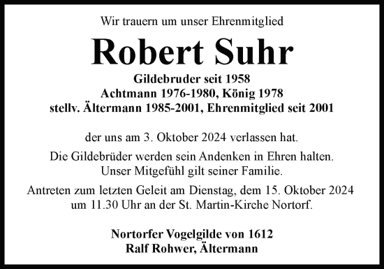 Traueranzeige von Robert Suhr von Schleswig-Holsteinische Landeszeitung