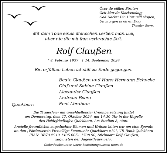 Traueranzeige von Rolf Claußen von Region Pinneberg und tip Pinneberg