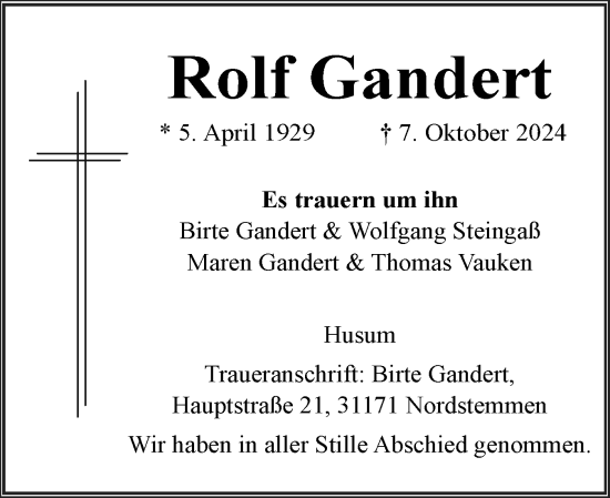 Traueranzeige von Rolf Gandert von Husumer Nachrichten, Nordfriesland Tageblatt