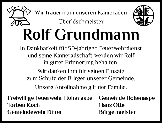 Traueranzeige von Rolf Grundmann von Norddeutsche Rundschau, Wilstersche Zeitung, Glückstädter Fortuna