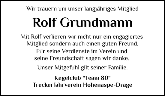 Traueranzeige von Rolf Grundmann von Norddeutsche Rundschau, Wilstersche Zeitung, Glückstädter Fortuna