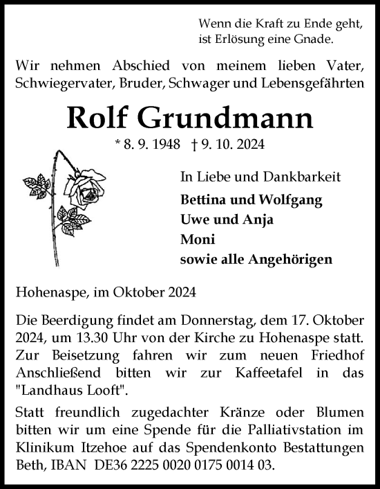 Traueranzeige von Rolf Grundmann von Norddeutsche Rundschau, Wilstersche Zeitung, Glückstädter Fortuna