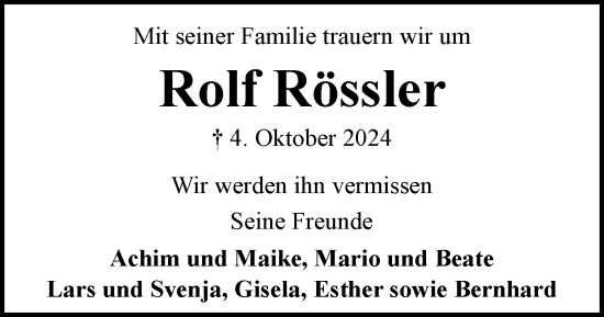 Traueranzeige von Rolf Rössler von Flensburger Tageblatt