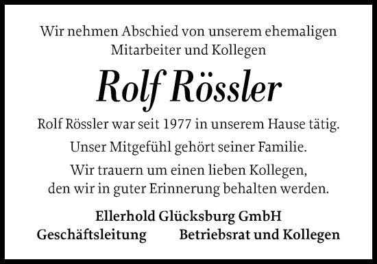 Traueranzeige von Rolf Rössler von Flensburger Tageblatt