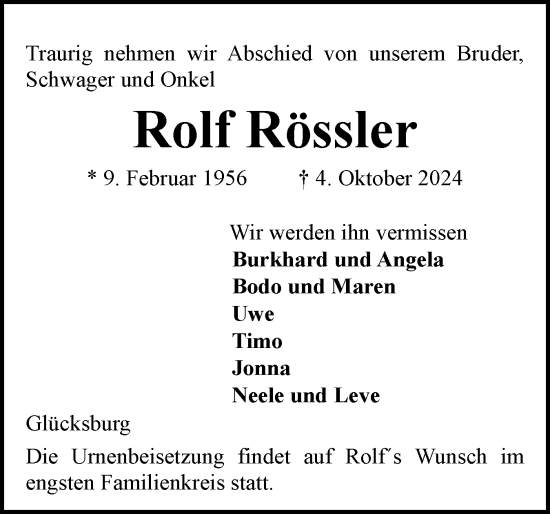 Traueranzeige von Rolf Rössler von Flensburger Tageblatt