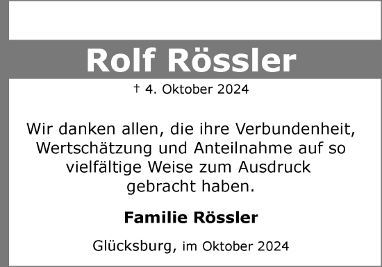 Traueranzeige von Rolf Rössler von Flensburger Tageblatt