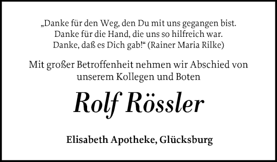 Traueranzeige von Rolf Rössler von Flensburger Tageblatt