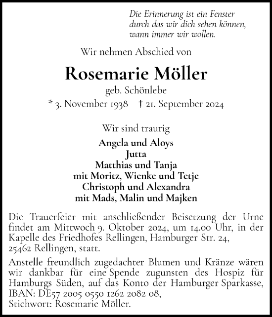 Traueranzeige von Rosemarie Möller von Region Pinneberg und tip Pinneberg