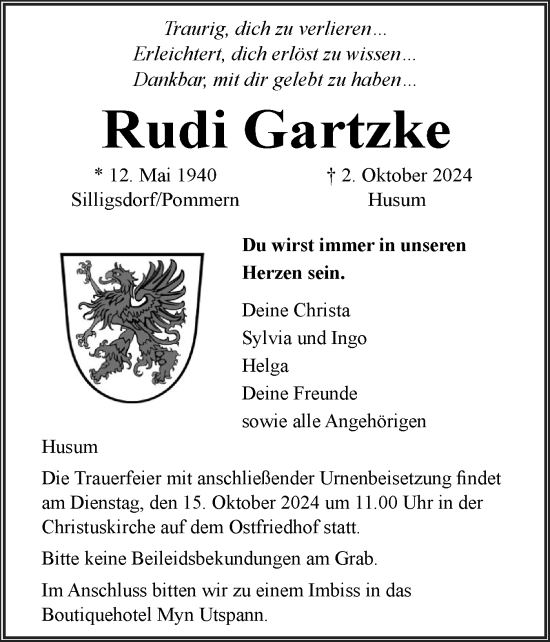 Traueranzeige von Rudi Gartzke von Husumer Nachrichten, Nordfriesland Tageblatt