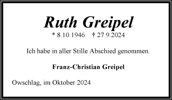 Traueranzeige von Ruth Greipel von Schleswig-Holsteinische Landeszeitung