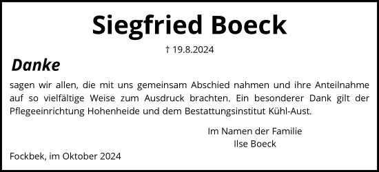 Traueranzeige von Siegfried Boeck von Schleswig-Holsteinische Landeszeitung