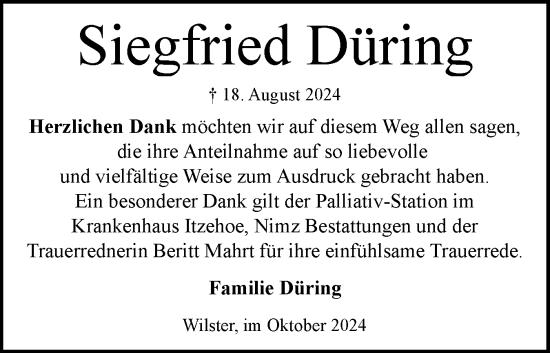 Traueranzeige von Siegfried Düring von Norddeutsche Rundschau, Wilstersche Zeitung, Glückstädter Fortuna