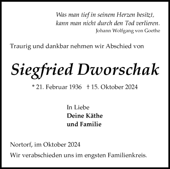 Traueranzeige von Siegfried Dworschak von Schleswig-Holsteinische Landeszeitung