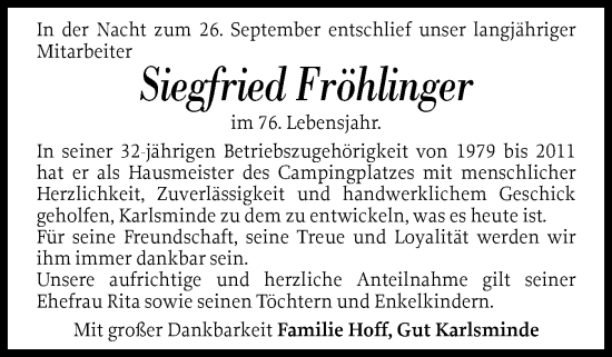 Traueranzeige von Siegfried Fröhlinger von Eckernförder Zeitung, Hallo Eckernförde