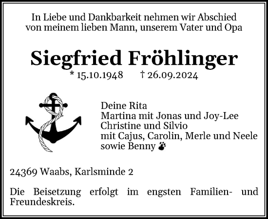 Traueranzeige von Siegfried Fröhlinger von Eckernförder Zeitung, Hallo Eckernförde