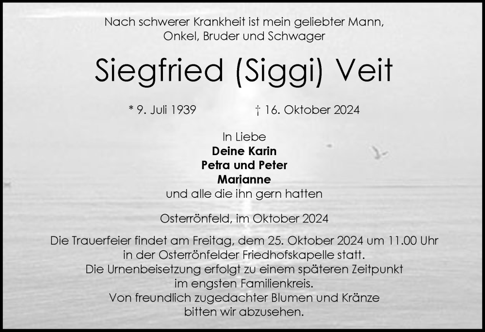  Traueranzeige für Siegfried Veit vom 22.10.2024 aus Schleswig-Holsteinische Landeszeitung