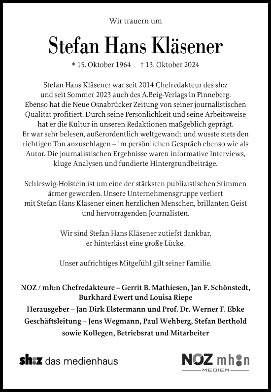 Traueranzeige von Stefan Hans Kläsener von Region Flensburg